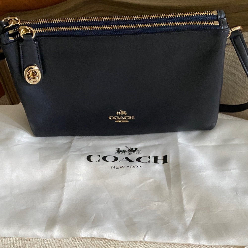 Coach Navy Leather Double-Zip Crossbody with Gold-Tone Hardware